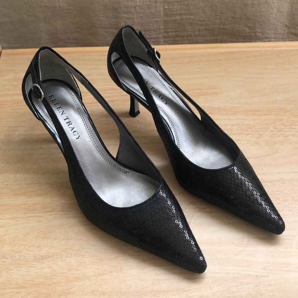 Ellen Tracy black sequined heels.